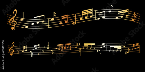vector sheet music - gold musical notes melody on dark background	
