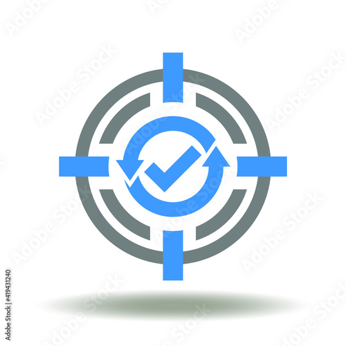 Aim with check mark and turn arrow process vector icon. Mission success symbol. Goal win sign.