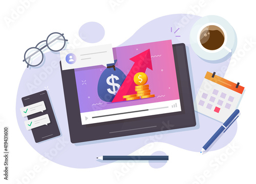 Online finance or investment webinar courses, stocks market trading and budgeting internet video education vector flat cartoon illustration, digital business commercial management training