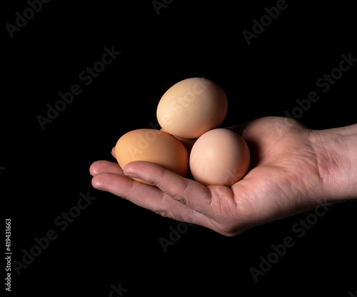 Male hand holding three brown chicken egg on black isolated background