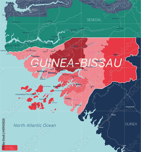 Guinea-Bissau country detailed editable map with regions cities and towns, roads and railways, geographic sites. Vector EPS-10 file photo