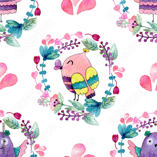 Watercolor seamless pattern with owls.