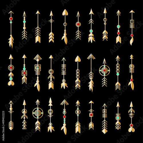 Set of gold arrow. Tribal elements collection. Geometric trendy hipster jewelry collection. Vector design elements.