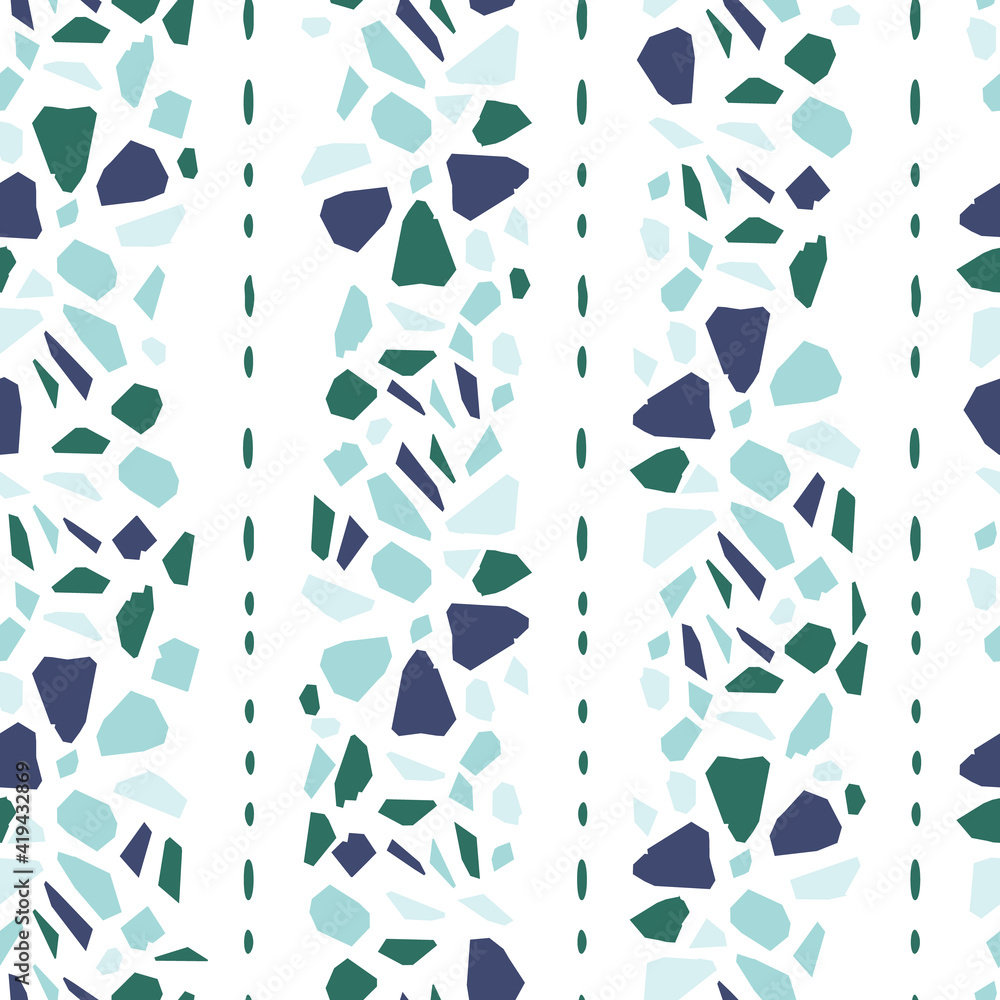 Fototapeta premium Striped Blue and Green Italian Terrazzo Seamless Pattern. Venetian Marble Flooring Texture Vector Background.