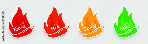 Spicy chili pepper hot fire labels. Spicy food level icons, mild, medium and extra hot pepper sauce.