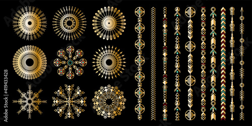 Tribal geometric gold pattern. Boho jewellery ornament. Vector design for stickers, tattoo, noteboot, bag, t-shirt.