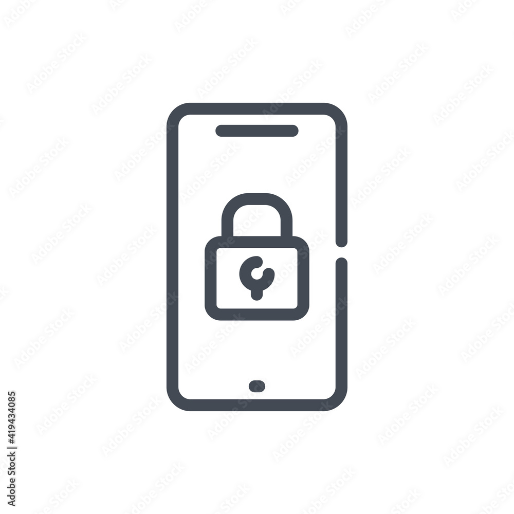Mobile phone with lock line icon. Smartphone protection vector outline sign. Mobile phone with lock line icon. Smartphone protection vector outline sign.