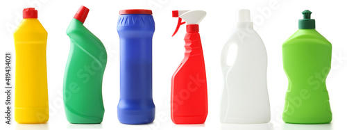 Collage of bottles with detergent on white background photo