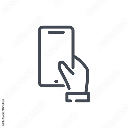 Hand hold mobile phone line icon. Hand holding smartphone vector outline sign.