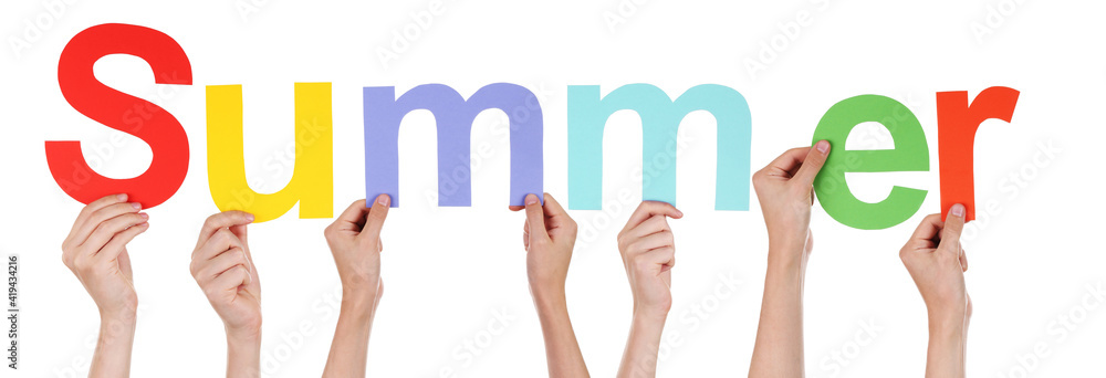Hands holding paper word Summer on white background Hands holding paper word Summer on white background
