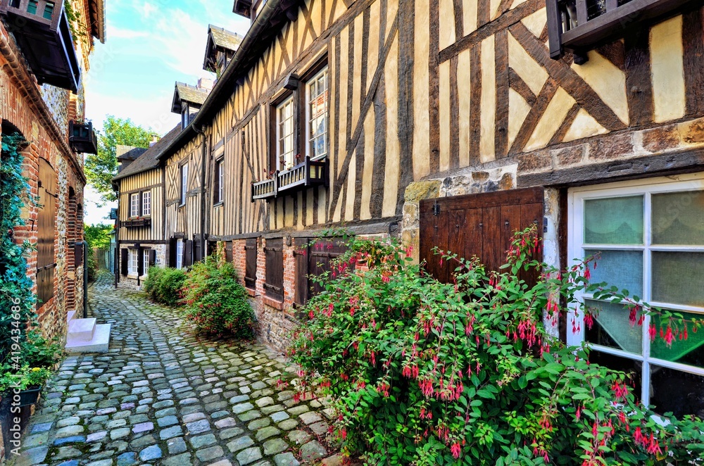 Picturesque timbered buildings in the Normandy town of Honfleur, France