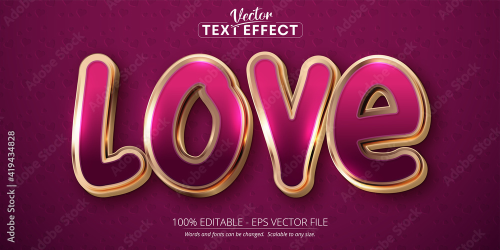 Love text, shiny rose gold color style editable text effect on pink background