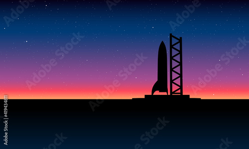 Space rocket ready to start on launching site. Spaceship silhouette takeoff countdown on the sunset illustration