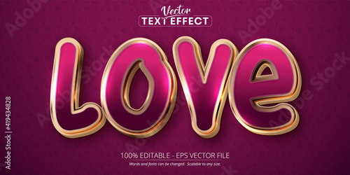 Love text, shiny rose gold color style editable text effect on pink background