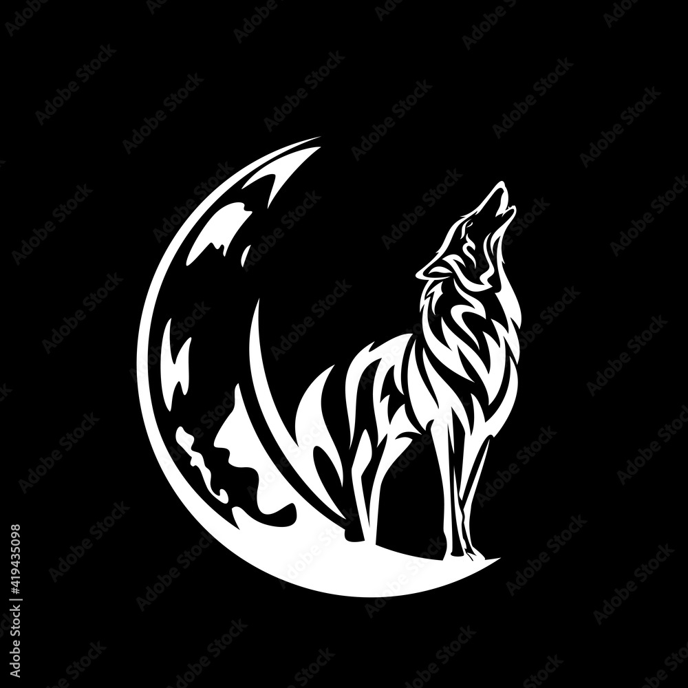 Fototapeta howling wolf spirit standing on crescent moon white vector outline against black night sky background