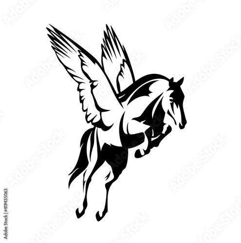 pegasus winged horse - greek mythology inspiration symbol animal flying forward black and white vector design