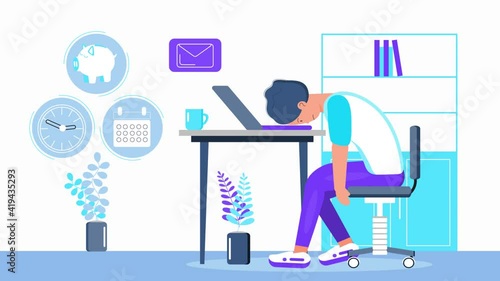 Burnout in professional life, emotional collapse concept video. Animation of tired frustrated freelancer is sitting at  table. Young man in stress in the office. Brainstorming is out. Unsolved work