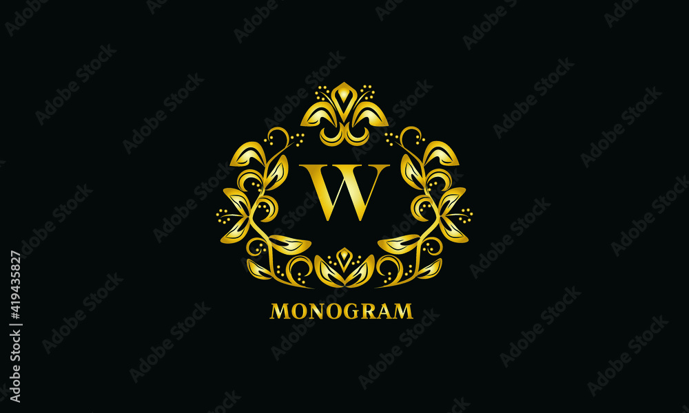 Stylish design for invitations, menus, labels. Elegant gold monogram on a dark background with the letter W. The logo is identical for a restaurant, hotel, heraldry, jewelry. Stylish design for invitations, menus, labels. Elegant gold monogram on a dark background with the letter W. The logo is identical for a restaurant, hotel, heraldry, jewelry.