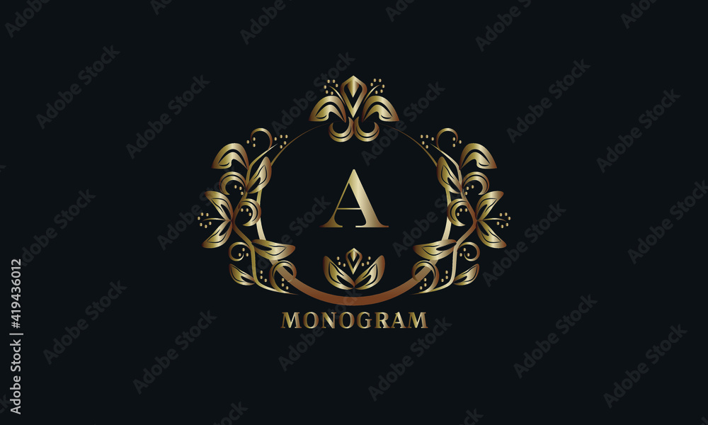 Exquisite bronze monogram on a dark background with the letter A. Stylish logo is identical for a restaurant, hotel, heraldry, jewelry, labels, invitations. Exquisite bronze monogram on a dark background with the letter A. Stylish logo is identical for a restaurant, hotel, heraldry, jewelry, labels, invitations.