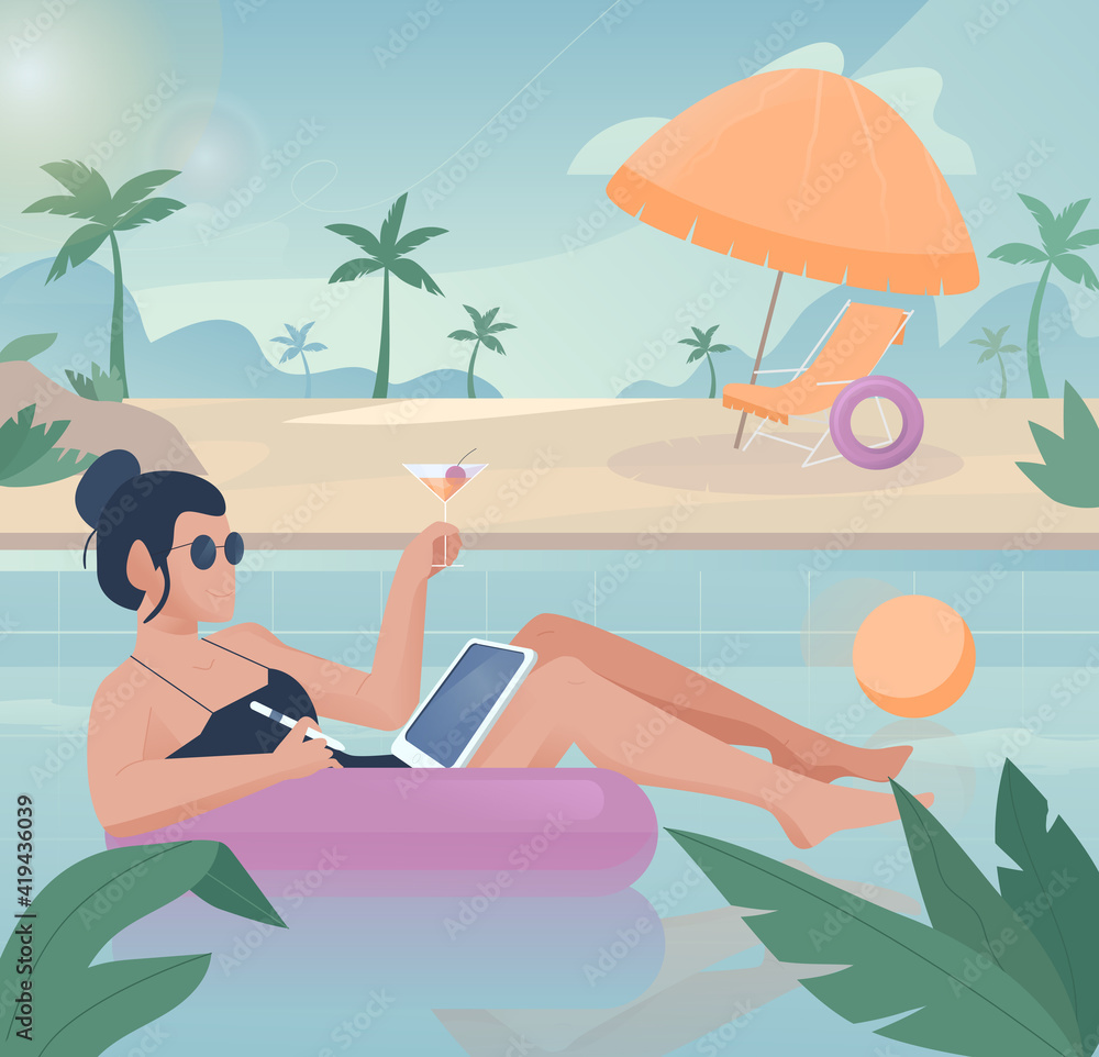 Freelancer work illustrations in flat vector and relaxing in the pool at the same time