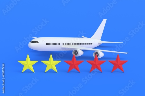 Plane near two yellow and three red stars on blue. Concept of bad airline. Negative feedback. Low rating of travel company. Poor passenger transportation. Underclass air services. 3d rendering