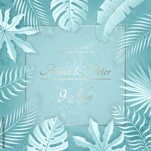 Mint textured wedding banner with tropical leaves