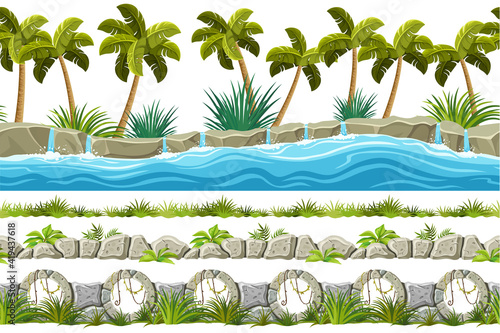 Set of seamless border old gray rock, waterfall and grass. Vector stone sidewalks with palm trees for computer games isolated on white background.