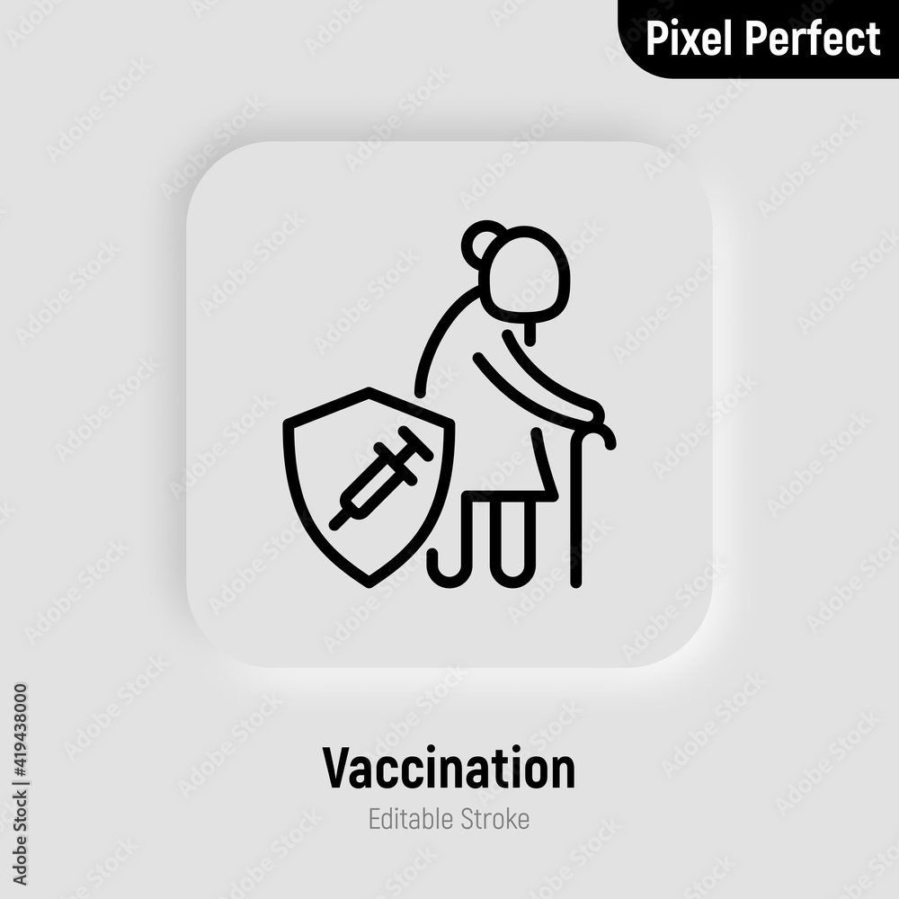 Coronavirus vaccination. Virus protection: elderly woman is protected by shield with vaccine. Immune system, antibiotics. Thin line icon. Pixel perfect, editable stroke. Vector illustration. Coronavirus vaccination. Virus protection: elderly woman is protected by shield with vaccine. Immune system, antibiotics. Thin line icon. Pixel perfect, editable stroke. Vector illustration.