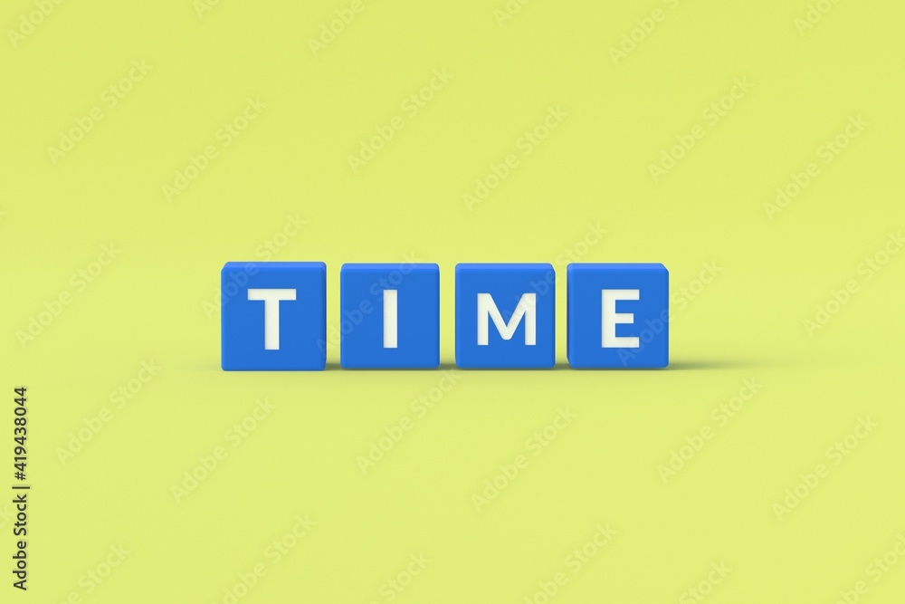 Word time on blue cubes on yellow background. 3d rendering Word time on blue cubes on yellow background. 3d rendering