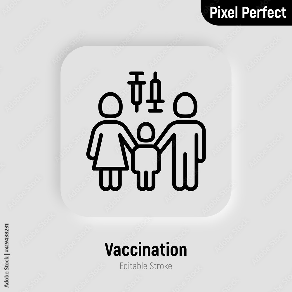 Coronavirus vaccination. Virus protection: family with child with vaccine. Immune system. Thin line icon. Pixel perfect, editable stroke. Vector illustration.