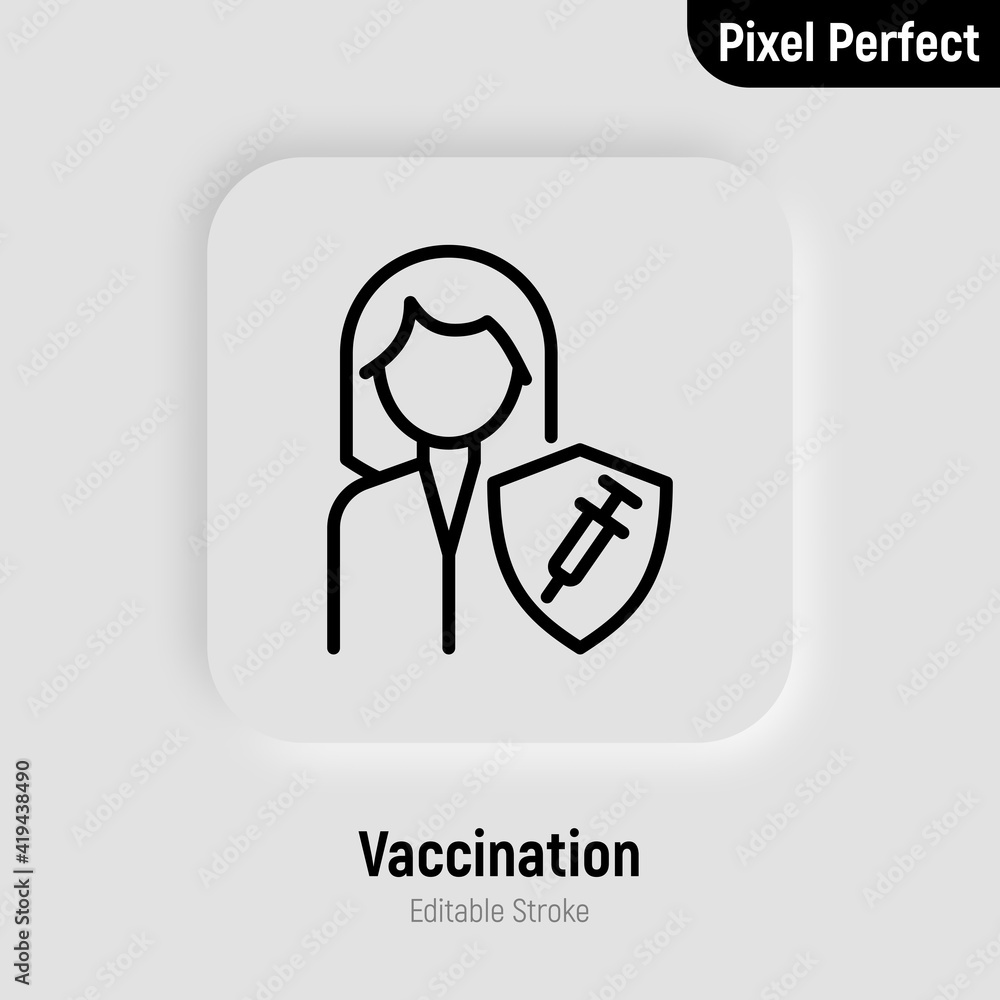 Coronavirus vaccination. Virus protection: woman is protected by shield with vaccine. Immune system. Thin line icon. Pixel perfect, editable stroke. Vector illustration. Coronavirus vaccination. Virus protection: woman is protected by shield with vaccine. Immune system. Thin line icon. Pixel perfect, editable stroke. Vector illustration.