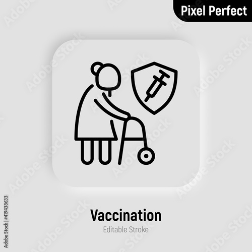 Coronavirus vaccination. Virus protection: elderly woman with walkers is protected by shield with vaccine. Immune system,. Thin line icon. Pixel perfect, editable stroke. Vector illustration.