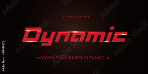 Sport dynamic alphabet. Red italic geometric font, minimalist techno style letters and numbers for modern futuristic logo, headline, monogram, lettering and typography. Vector typographic design