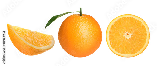 Set with tasty ripe oranges on white background. Banner design