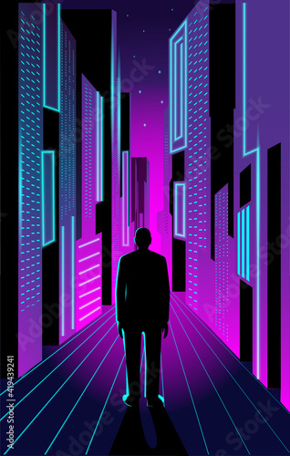 A silhouette of a person against the background of a virtual city. Template for a virtual reality poster.