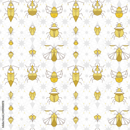Light geometric seamless pattern, beetles in spider web.
