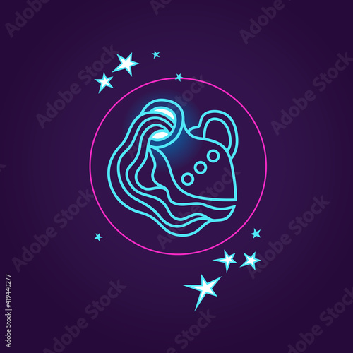 Vector illustration with Aquarius Zodiac sign. Dark blue space background. Simple stylized image of the Zodiac symbol Aquarius and stars in a circle. Aquarius, a shining jug of endless water.