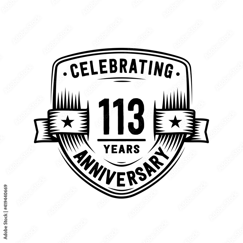 113 years anniversary celebration shield design template. Vector and illustration.
113 years anniversary celebration shield design template. Vector and illustration.