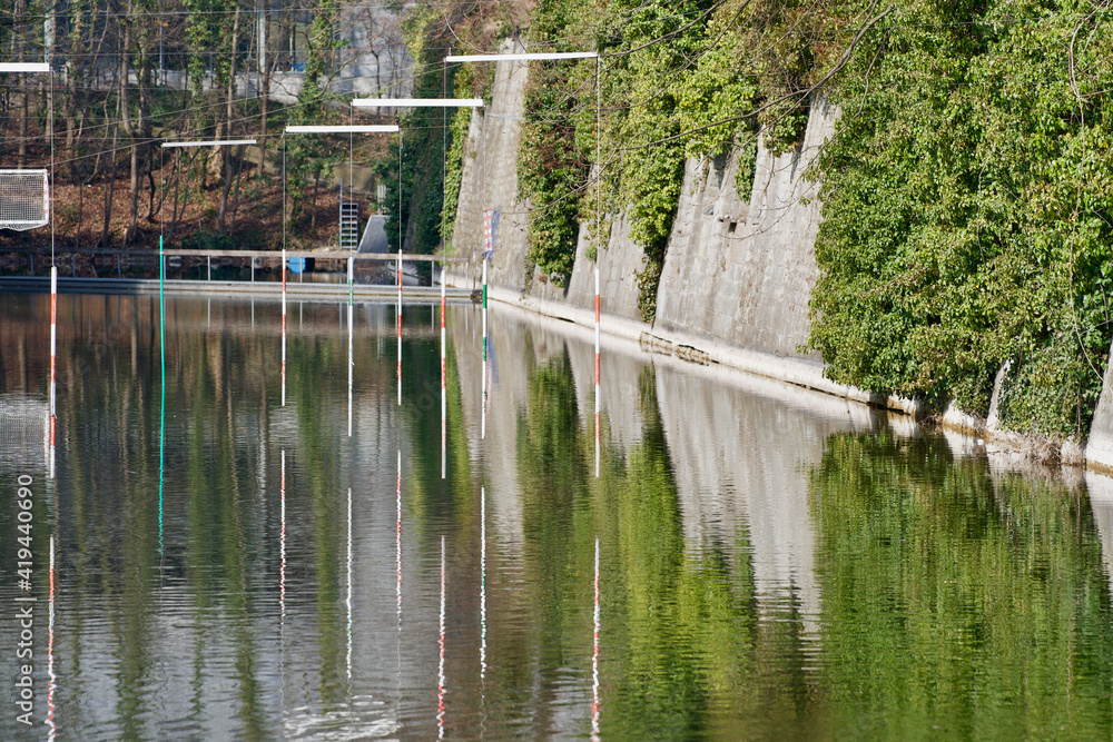 Exercise field with poles and goals für canoe polo and kayak, Zurich,  Switzerland. Stock Photo | Adobe Stock