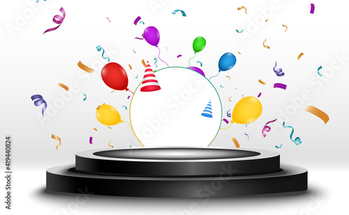 Winner background with signs of first, second and third place on a round pedestal. Vector winner podium sports symbols.	