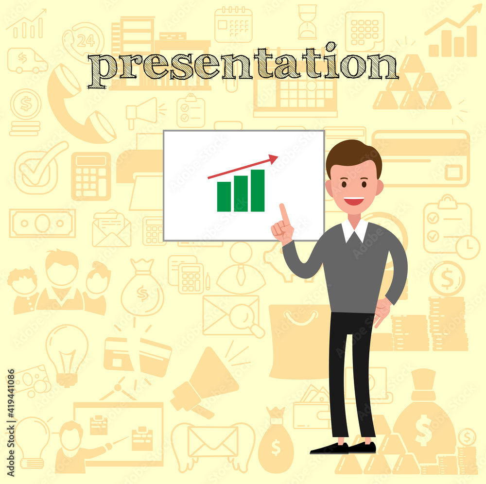 businessman showing a project vector flat illustration, presentation business vector illustration businessman showing a project vector flat illustration, presentation business vector illustration