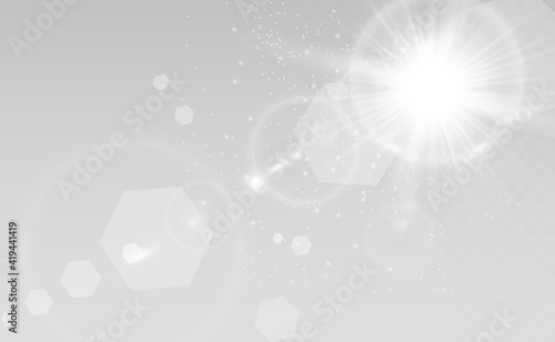 Special lens flash, light effect. The flash flashes rays and searchlight. illust.White glowing light. Beautiful star Light from the rays. The sun is backlit. Bright beautiful star. Sunlight. Glare.