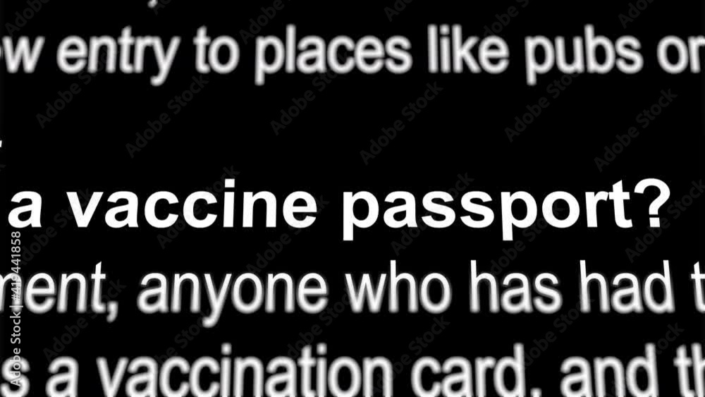 Vaccine passport sign in the middle of news titles of international media. Black background pc screen. Corona virus passport graphic concept Vaccine passport sign in the middle of news titles of international media. Black background pc screen. Corona virus passport graphic concept