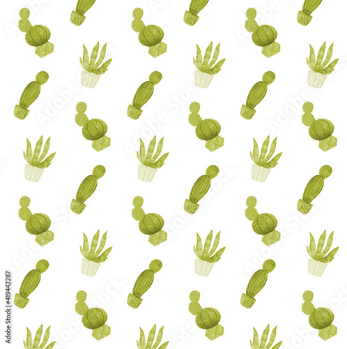 Green watercolor cactus on white background, cute pattern