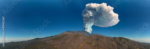 Virtual reality panorama at 180 degrees of the eruption of the Etna volcano on 4 March 2021. Paroxysm on Etna in Sicily. Lava flow inside the Valle del Bove.