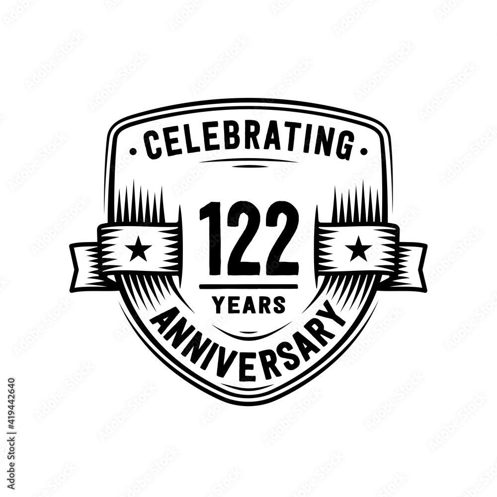 122 years anniversary celebration shield design template. Vector and illustration.
122 years anniversary celebration shield design template. Vector and illustration.