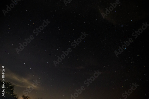 Panorama blue night sky milky way and star on dark background.Universe filled  nebula and galaxy with noise and grain.Photo by long exposure and select white balance.Dark night sky. 