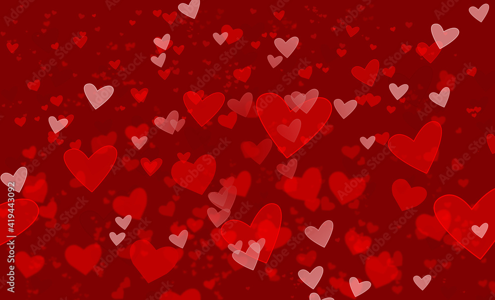 Defocused lights on a red background in the shape of hearts. A festive abstract background.