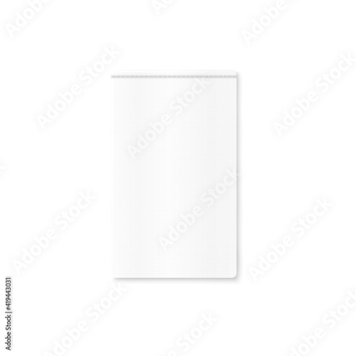 Cloth blank label with stitches, vertical textile tag for fashion clothing.