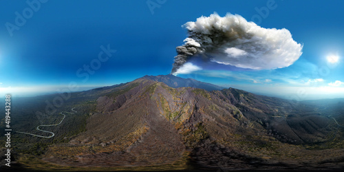 360 degree virtual reality panorama of the eruption of the Etna volcano by day 4 March 2021. Paroxysm on Etna in Sicily. Lava flow inside the Valle del Bove.